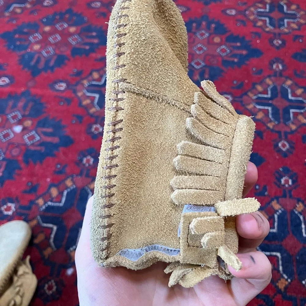 Kids Suede Fringe Moccasin Boots - Tan